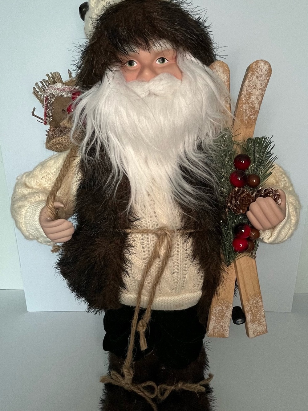 Rustic Santa Figurine with Faux Fur Coat and Knit Sweater - White, Brown, Black